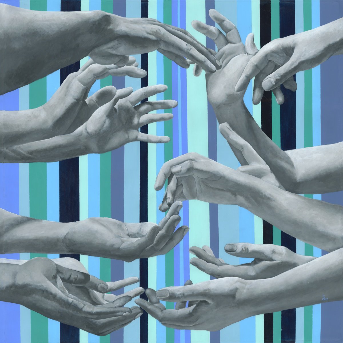 I hear all the voices | Large square painting with monochrome hands on a blue background by Margarita Stepanova