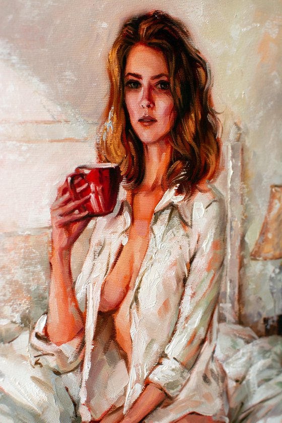 Her morning coffee by Yaroslav Sobol  (Modern Impressionistic Romantic Beautiful Girl Oil painting Gift)