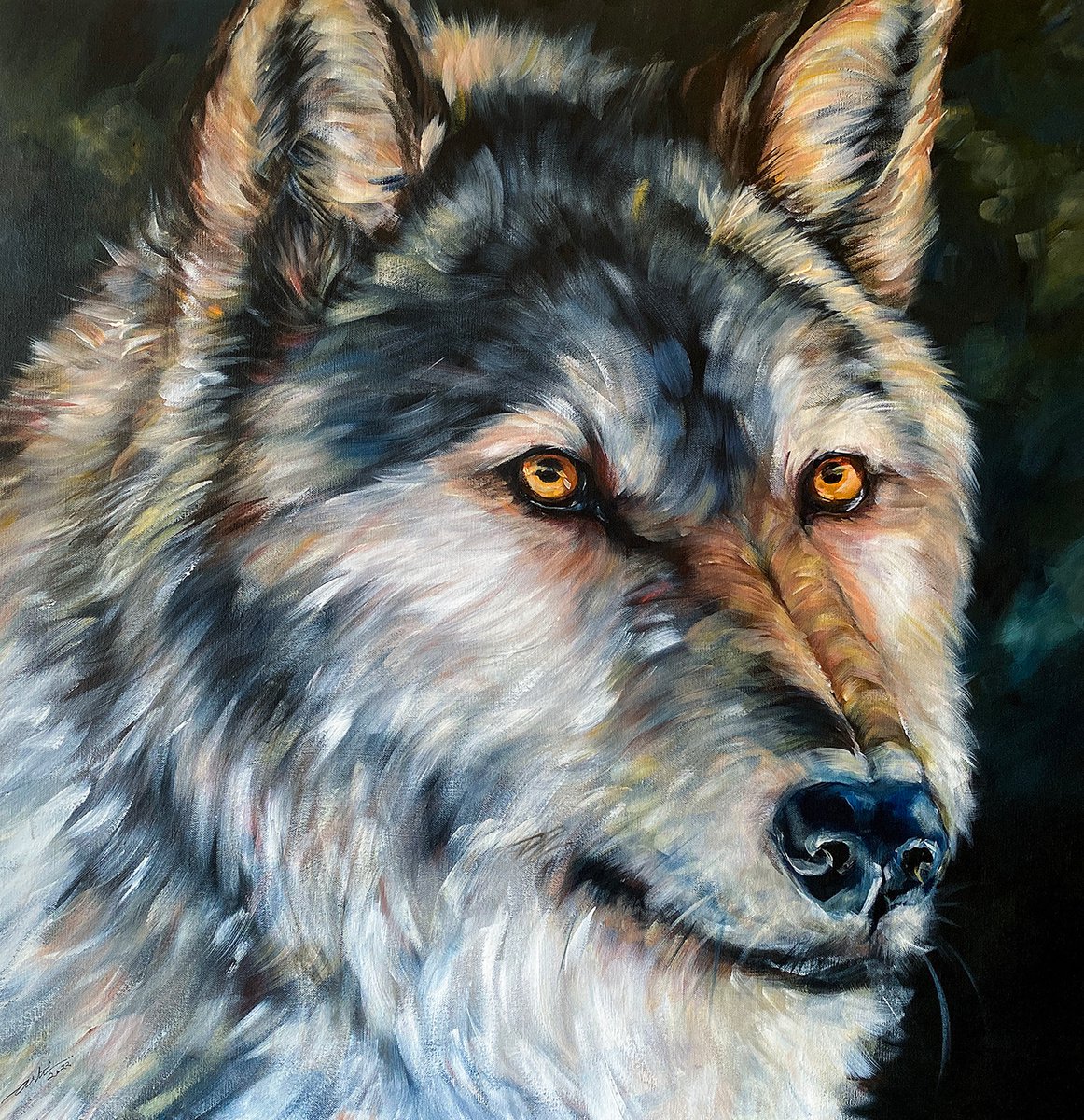 Impressionistic Animal Acrylic Painting By Arti Chauhan, 30 X 30, Wild One_ Grey Wolf, Original Artwork