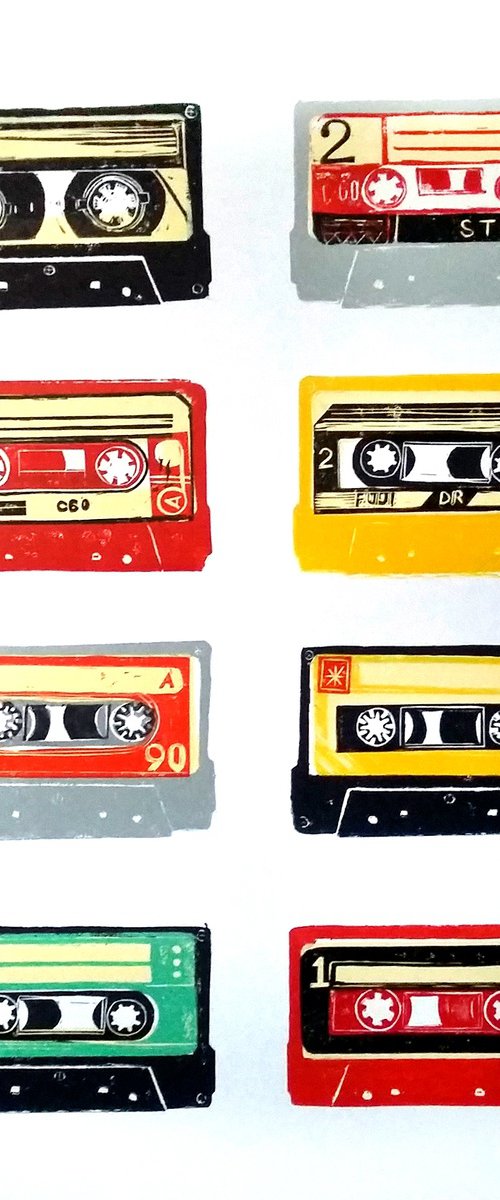 Linocut tapes #54 (cassette tapes, retro music, 70's, 80's rock culture) by Carolynne Coulson
