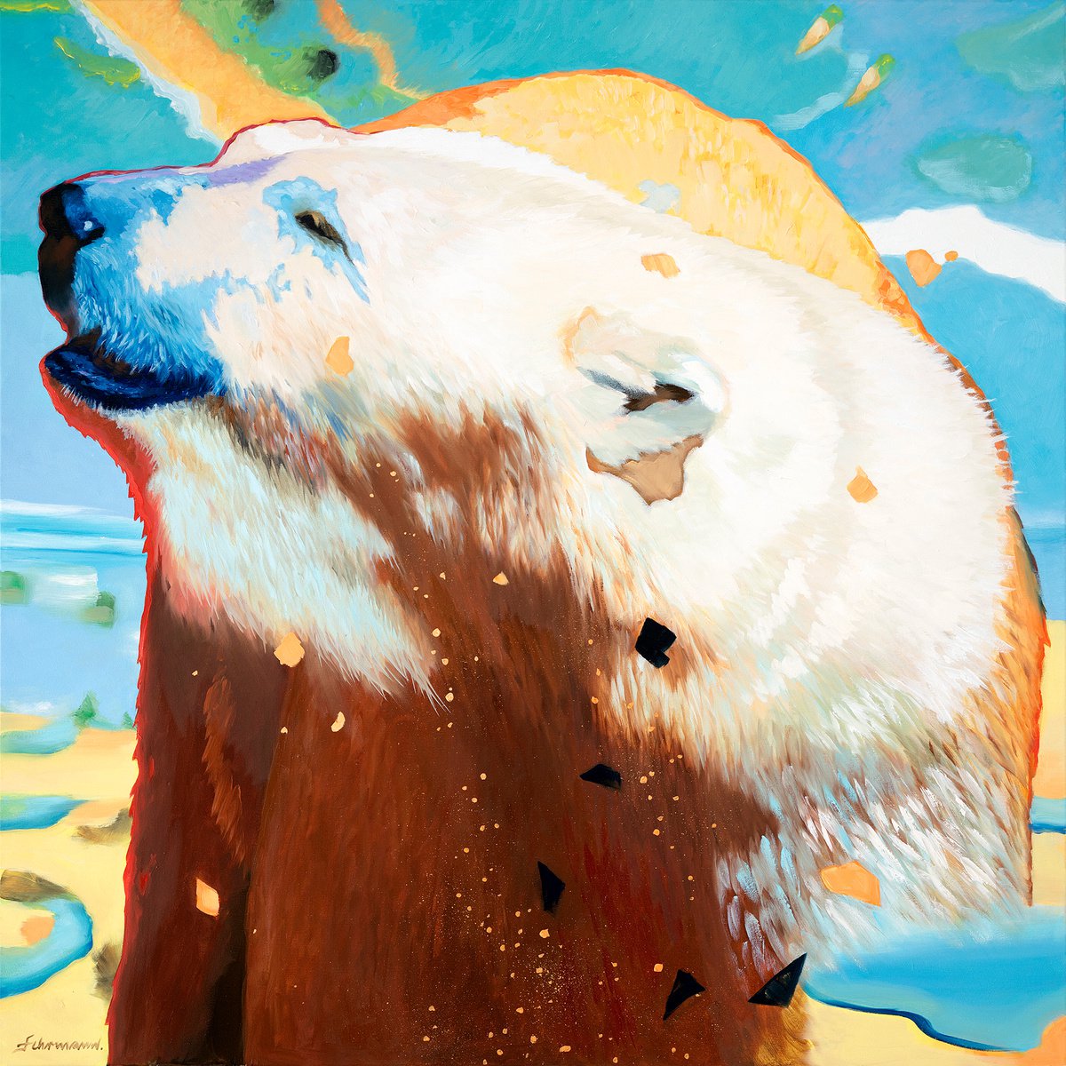 Urban And Pop Animal Oil Painting By Uwe Fehrmann, 39 X 39", Polar Bear, Original Artwork