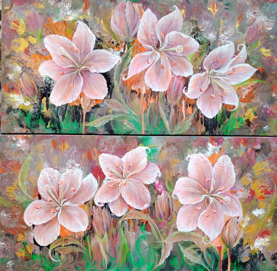Author's painting "Radiant Lilies". Diptych.