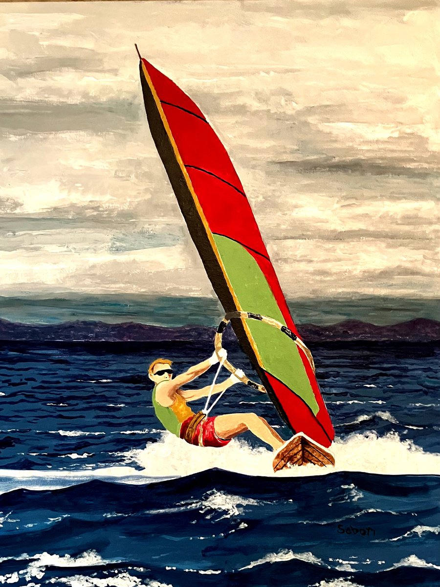 Impressionistic Portrait Acrylic Painting By Andrew Sabori, 22 X 28, Windsurfing, Original Artwork