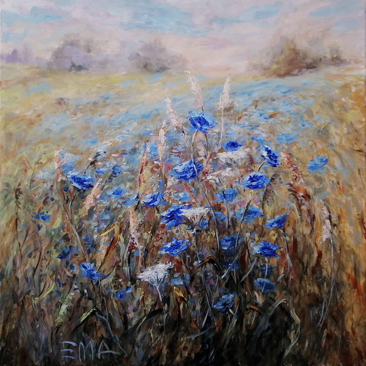 DAY FOR SONGS, 70x70cm, blue wild flowers meadow by Emilia Milcheva