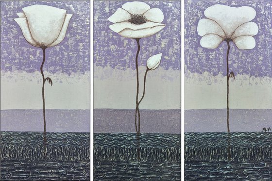 White poppies(20x40 20x40 20x40cm, acrylic painting, ready to hang)