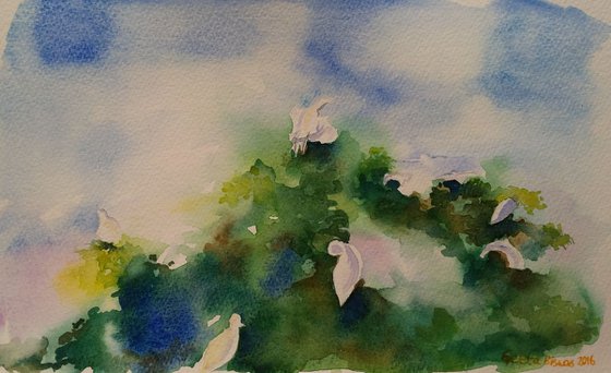 Egrets, impressionistic watercolor, small painting, SOLD