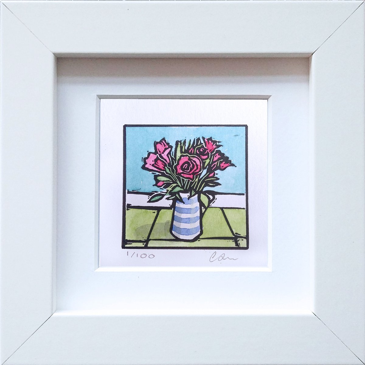 China jug of flowers - Framed and ready to hang - miniature variable edition linocut print by Carolynne Coulson