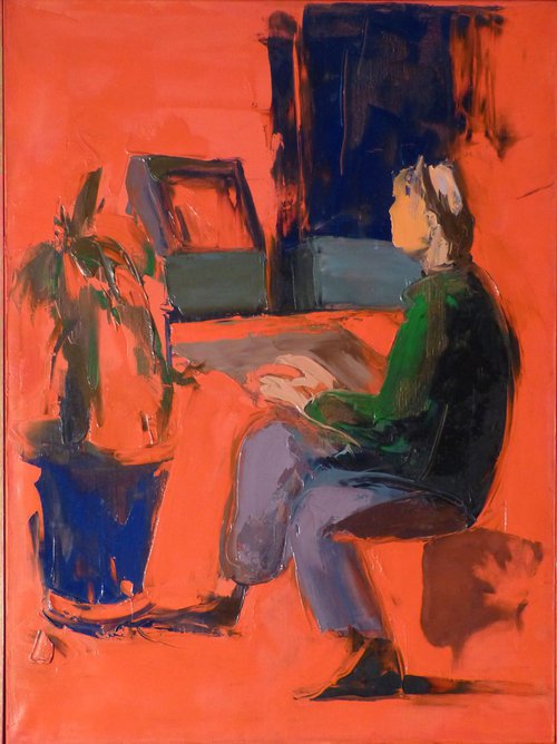 Red Computer Room, oil on canvas 54x73 cm by Frederic Belaubre