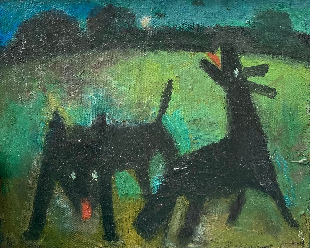 Impressionistic Animal Oil Painting By Teimuraz Gagnidze, 11 X 8", Dogs, Original Artwork
