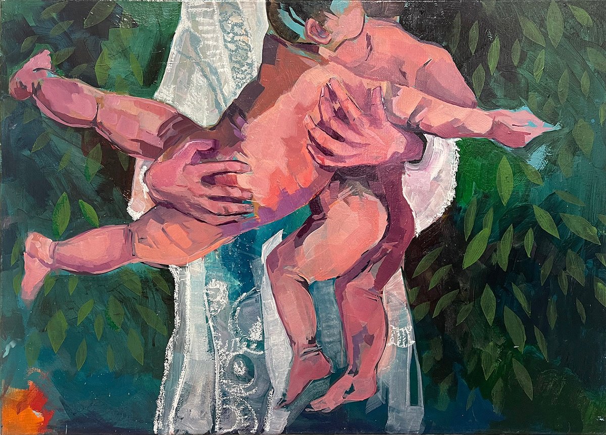 Impressionistic Portrait Acrylic Painting By Ulli Schmitt, 28 X 20", The Miracle Of Life, Original Artwork