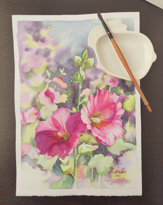 Ukrainian watercolor. Pink mallow. Stolen spring