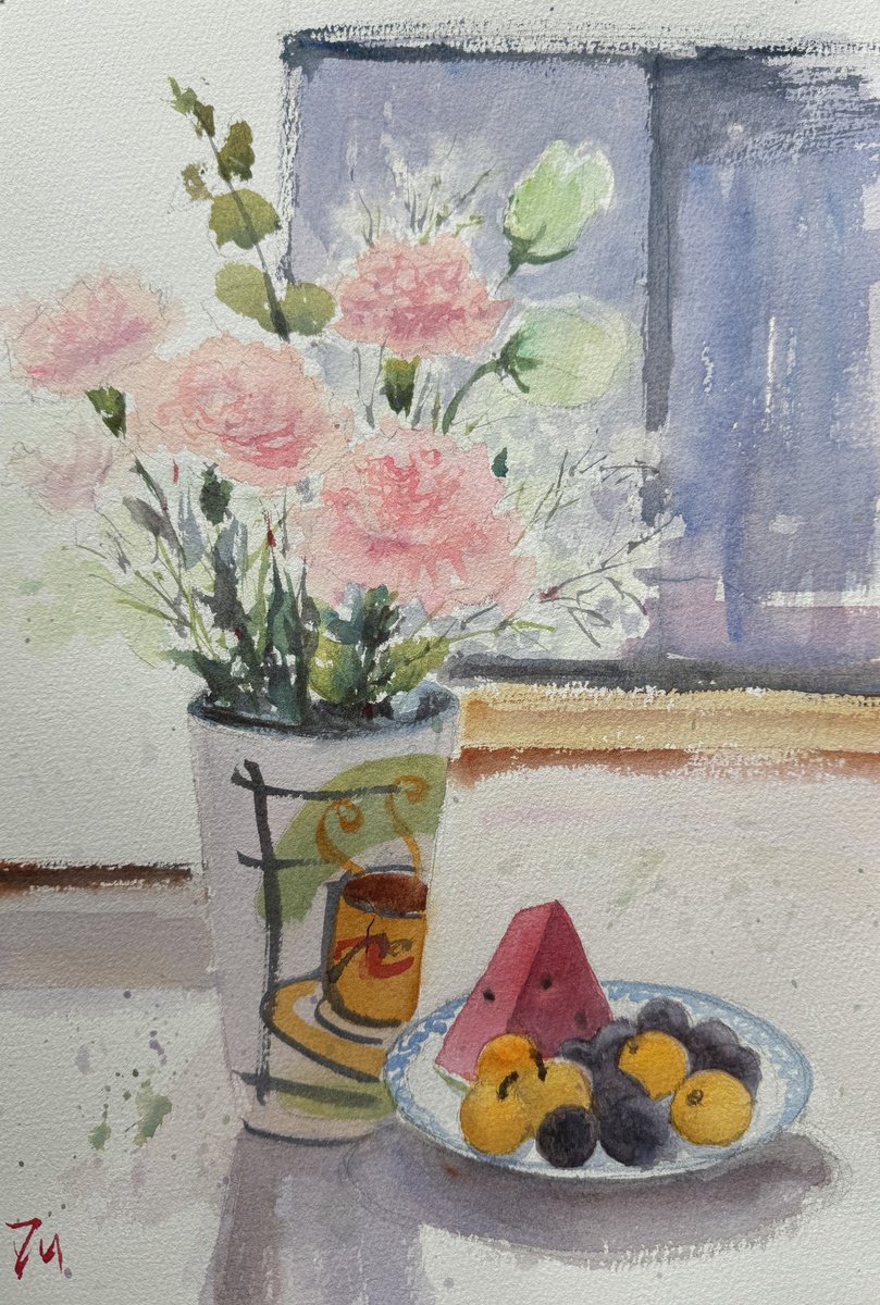 Impressionistic Botanical Watercolour By Shelly Du, 10 X 15", Summer Flowers And Fruits, Original Artwork