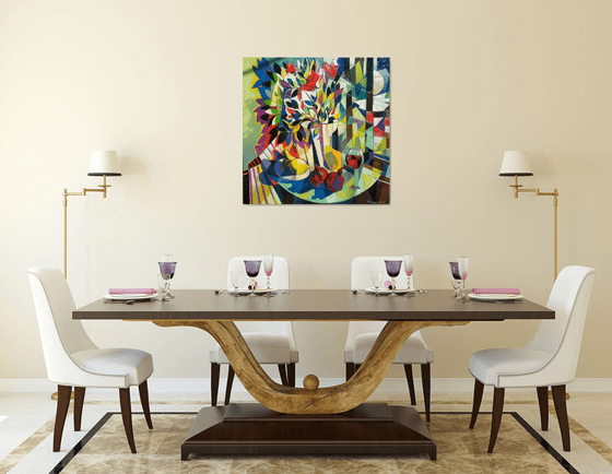 Still life with wine and pomegranates (80x80cm, cubism, oil painting, ready to hang)