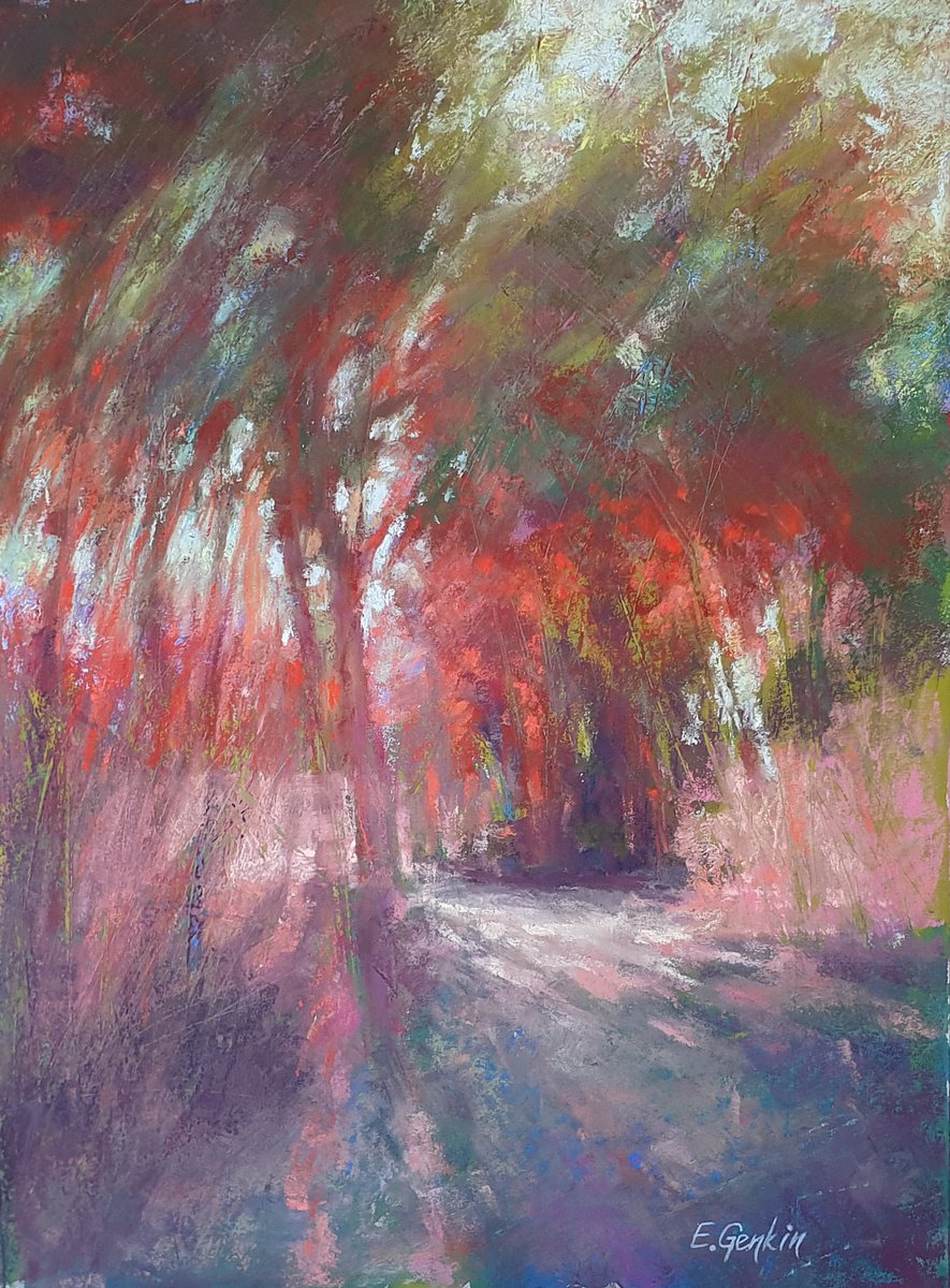 Impressionistic Landscape Pastel Drawing By Elena Genkin, 12 X 16, Eucalyptus Grove In Red, Original Artwork
