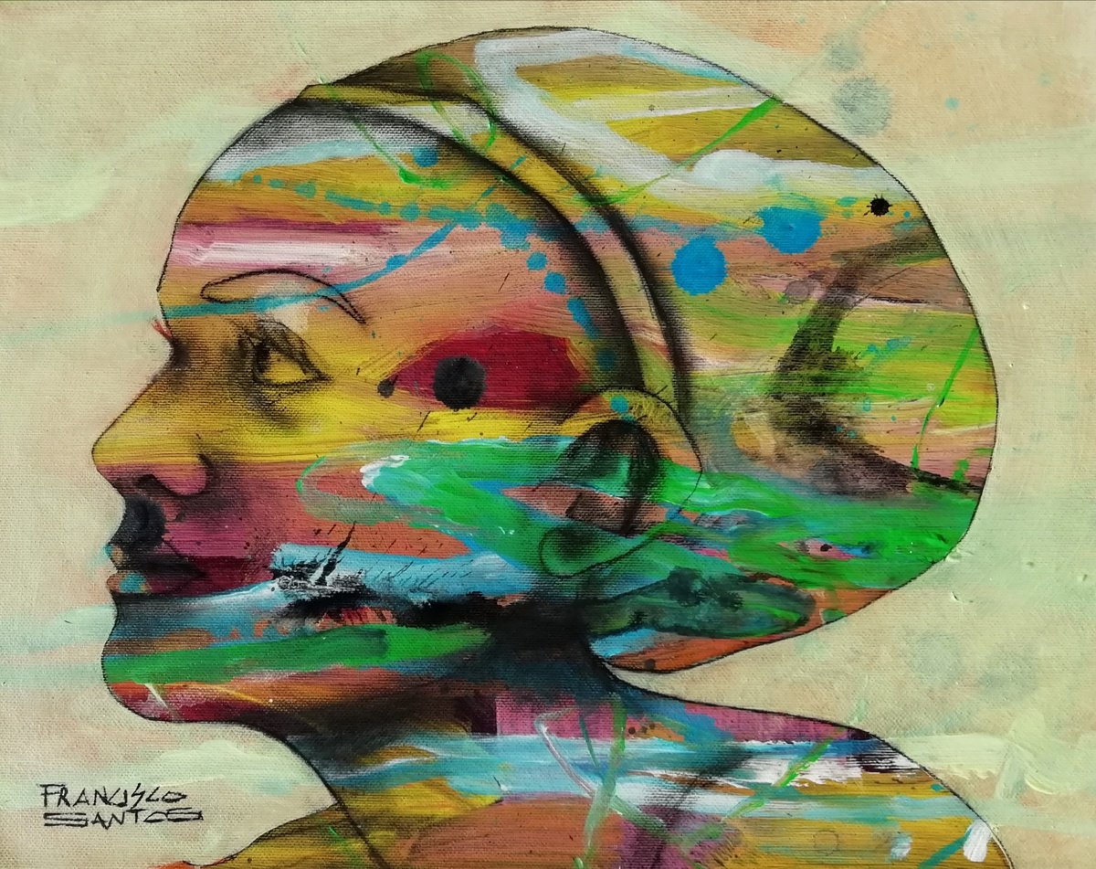 Expressive Portrait Acrylic Painting By Francisco Santos, 16 X 12, Girl 01, Original Artwork