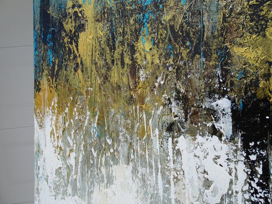 FREE FLOW. Teal, Blue, Gold, Beige Contemporary Abstract Painting with Texture