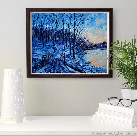 Christmas original oil painting on canvas, Winter twilight forest, snowy landscape, cozy hygge gift