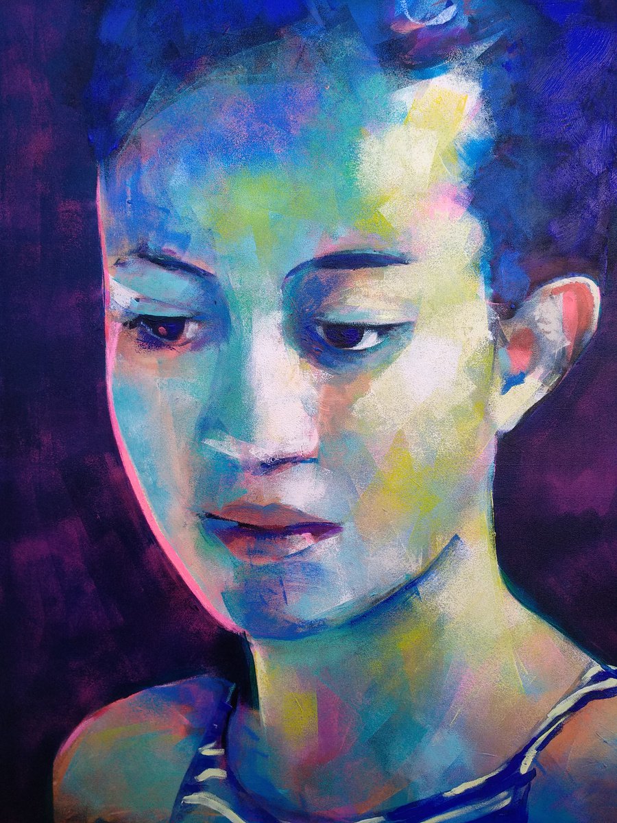 Expressive Portrait Acrylic Painting By Marina Del Pozo, 32 X 39", Azul, Original Artwork