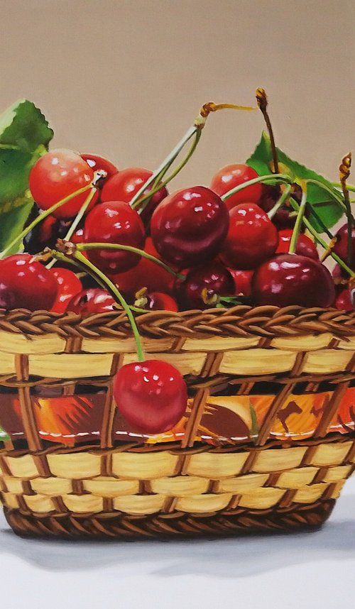 Cherries painting, Original oil on canvas realistic art, 70x50 cm by Simona Tsvetkova