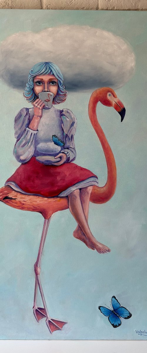 "Morning favorite drink with a friend". Original oil painting. XXL. Surrealism by Mary Voloshyna