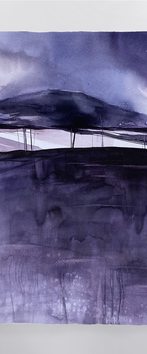 Landscape Abstract Watercolour Fluid Art Painting Contemporary Purple Mountings Watercolor Painting by Natalie Kolos