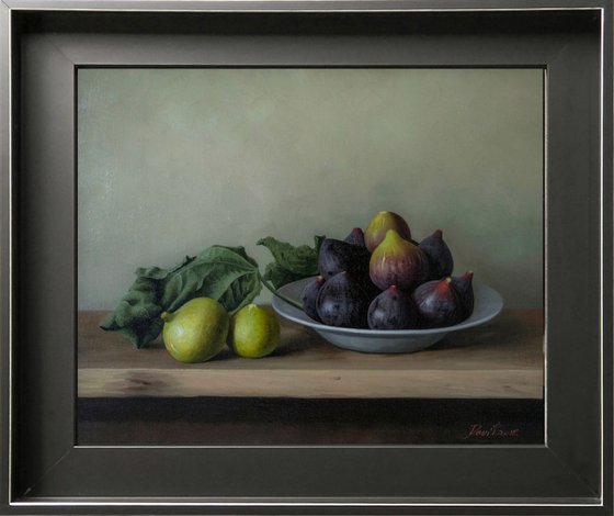 Three types of figs, 40x50cm, oil on linen 2018, original classic still life