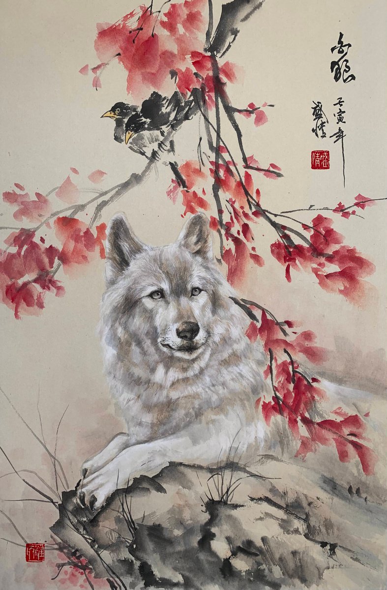 White Wolf Original Brush Painting by Fiona Sheng