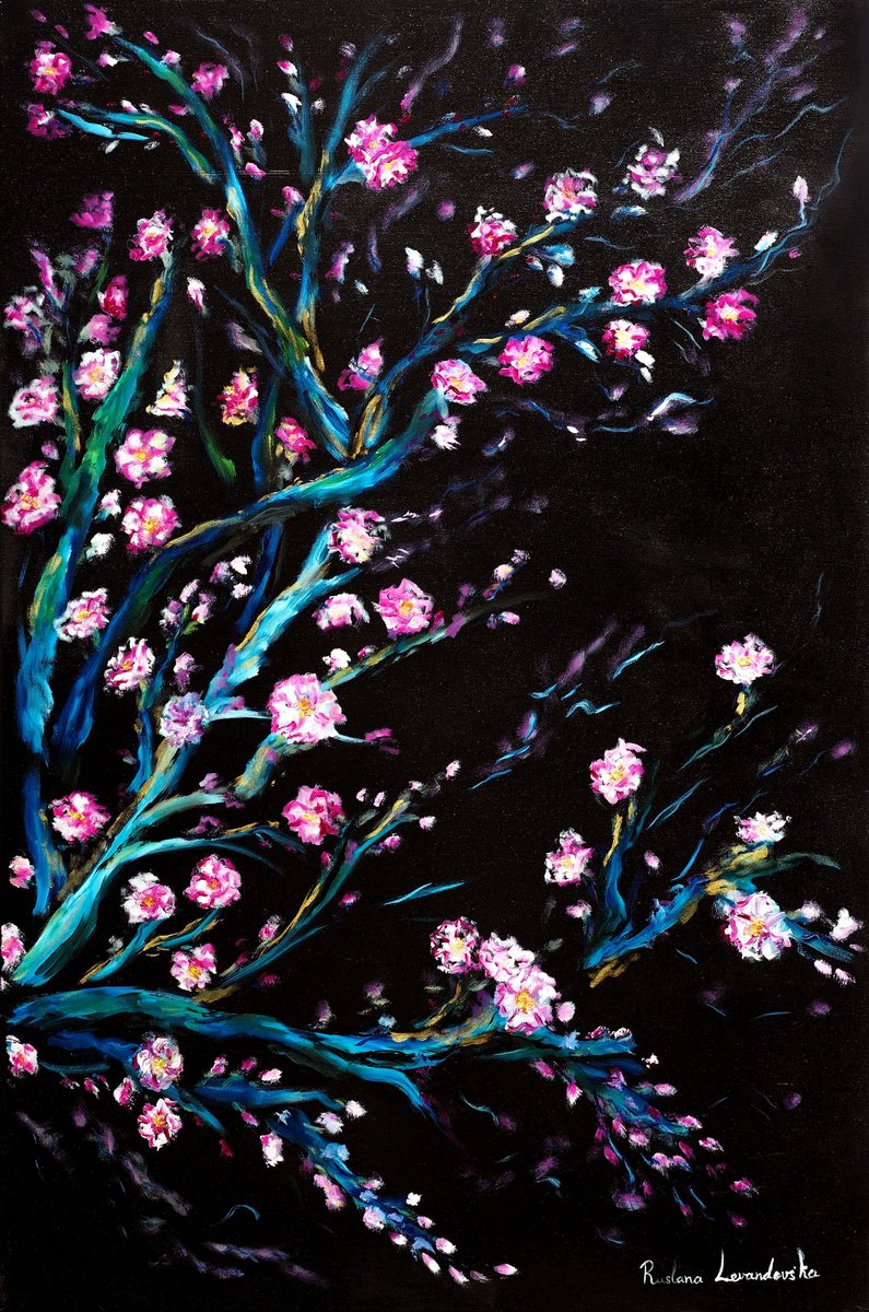 Impressionistic Botanical Oil Painting By Ruslana Levandovska, 24 X 36", Cherry Blossoms In Black, Original Artwork