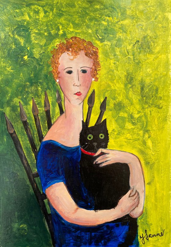 Woman Blue dress black Cat