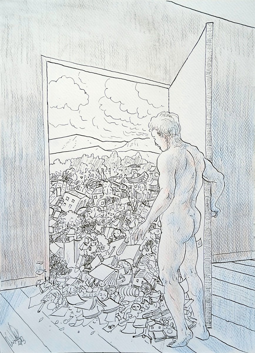 Illustrative Landscape Ink Drawing By Paolo Beneforti, 8 X 12", Knock Knock!, Original Artwork