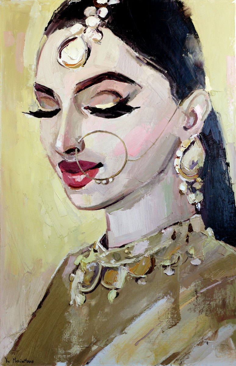 Indian woman - Gold saree - Large portrait - oil painting by Yuliia Meniailova