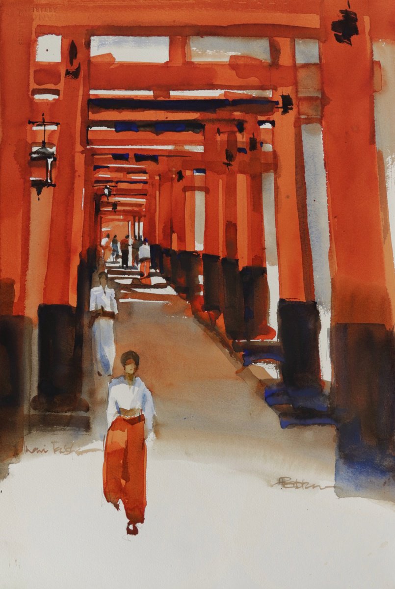 Impressionistic Cityscapes Watercolour By Prashant Prabhu, 15 X 22", Path Under The Thousand Gates, Original Artwork