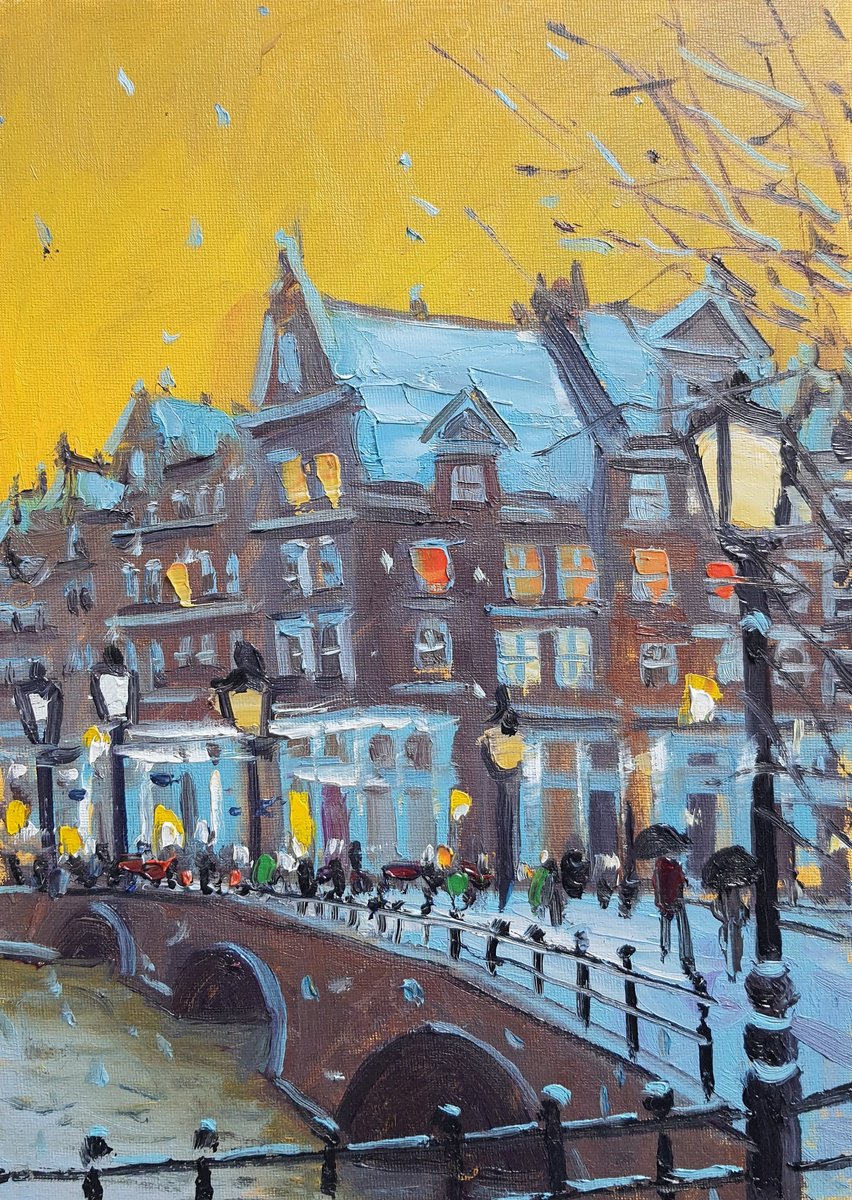 Impressionistic Cityscapes Oil Painting By Roberto Ponte, 10 X 14", Amsterdam Snow, Original Artwork