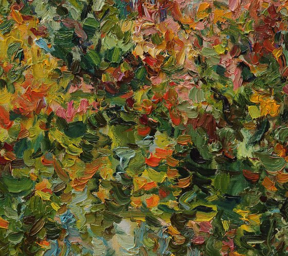 AUTUMN IN MOSCOW - landscape, original oil painting, nature green trees and plants