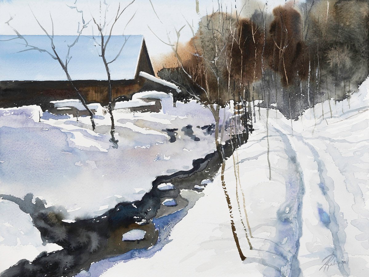 Landscape Watercolour By Andrzej Rabiega, 16 X 12, Winter Is Here, Original Artwork