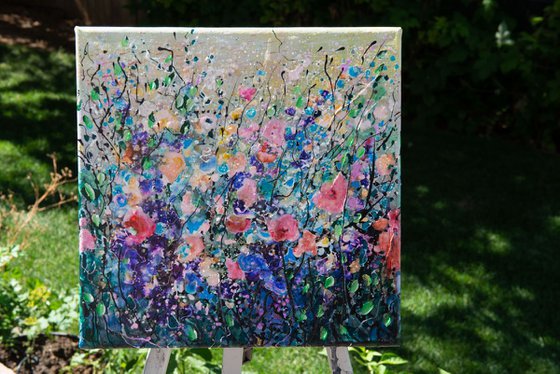 Blue Abstract Flowers #2 - Original Painting   by Olena Art