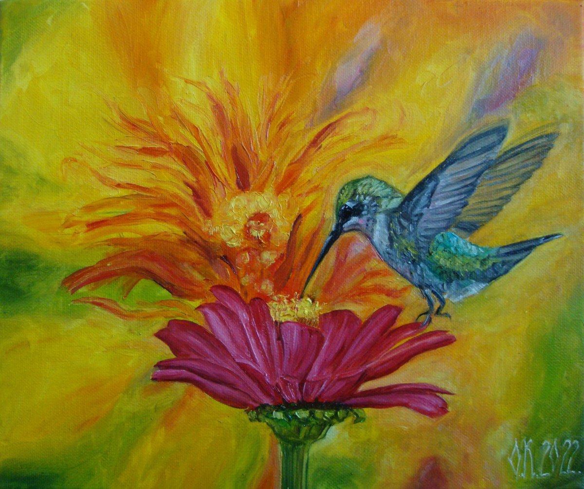 Photorealistic Animal Oil Painting By Olga Knezevic, 1 X 1", Hummingbird, Original Artwork