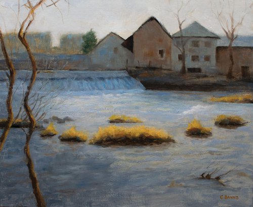 Weir and old industry on the river Vienne on a winter's day by Gav Banns