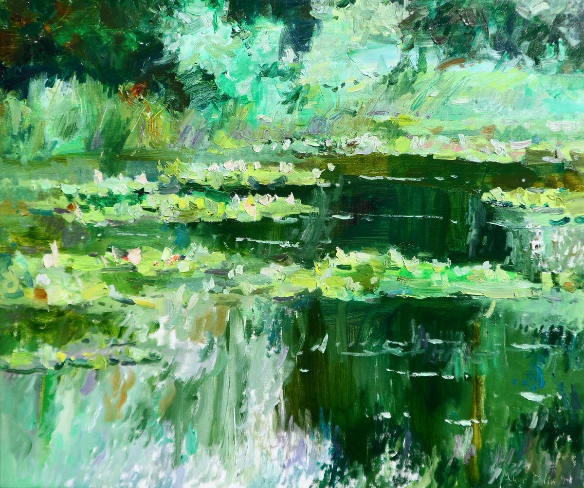 Impressionistic Landscape Oil Painting By Yehor Dulin, 24 X 20", Water Lilies, Original Artwork