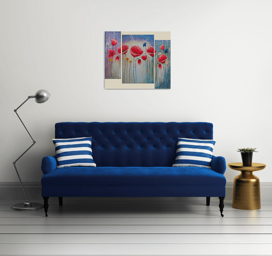 Red poppies (20x60 40x60 20x60cm, acrylic painting, triptych, colors)