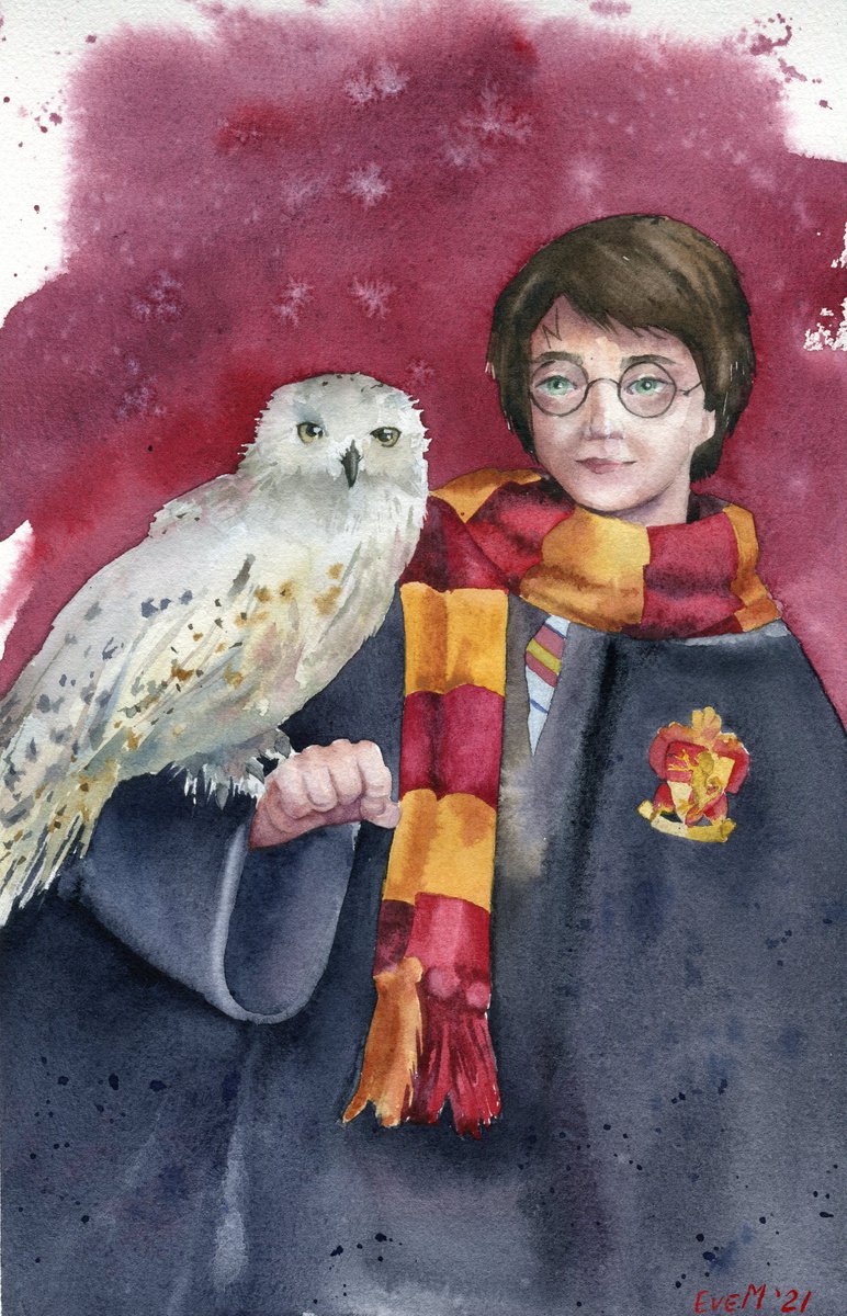 Harry Potter with the owl Hedwig. Hogwarts. Original watercolor artwork. by Evgeniya Mokeeva