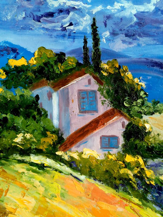 Italy Painting Landscape Original Art Tuscany Oil Impasto Palette Knife Artwork Farm House Home Wall Art 19 by 25" by Halyna Kirichenko