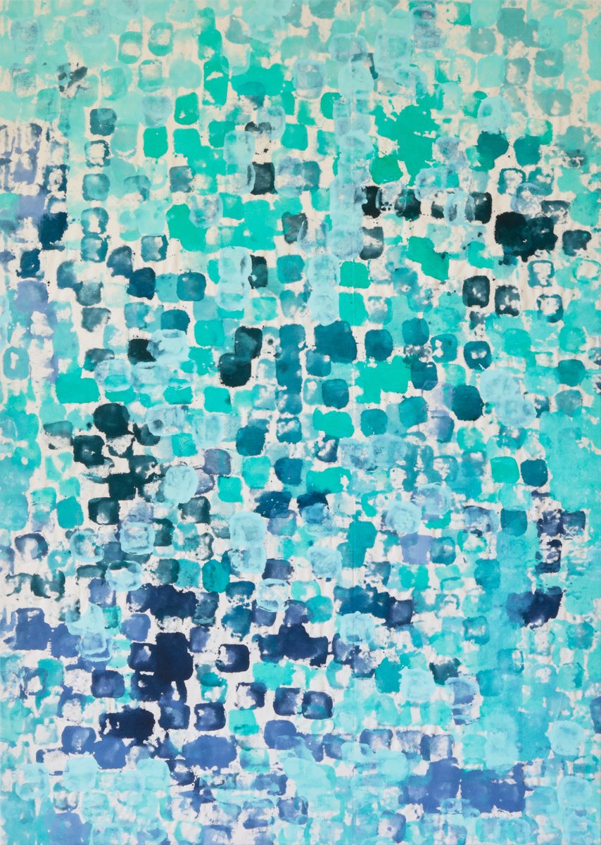 Geometric Abstract Acrylic Painting By Simon Findlay, 59 X 83", Wrapped Rocks / Blue Cyan Turq, Original Artwork