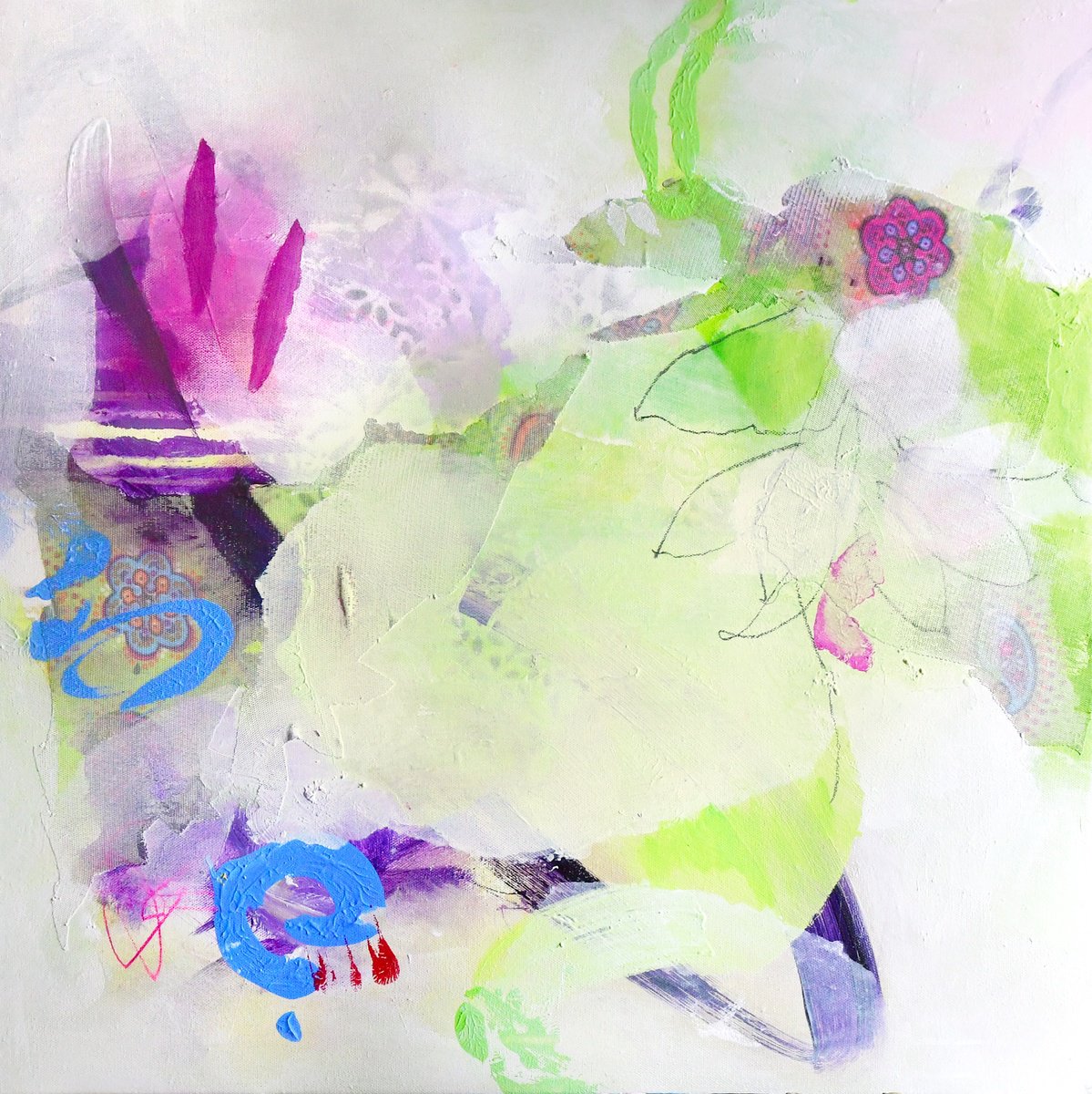 Abstract Acrylic Painting By Kirsten Handelmann, 24 X 24", Happy Gardening, Original Artwork