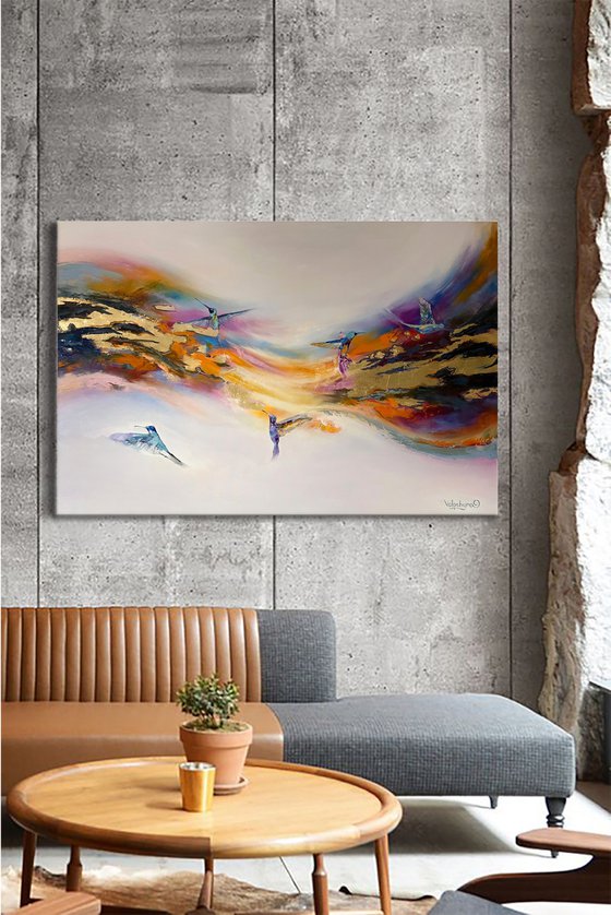 Hummingbird flying. Original abstract painting