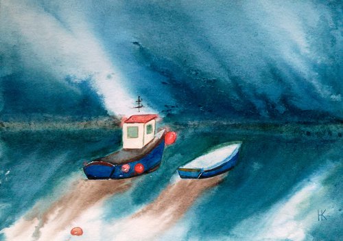 Boat original watercolor painting by Halyna Kirichenko