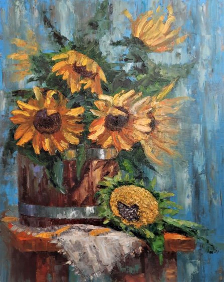 Sunflowers-yellow suns in a tub, a rustic still life, turlo in your house, yellow on blue by Elena Bondareva