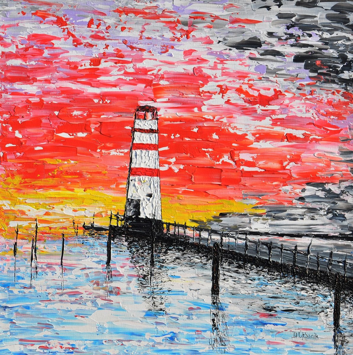 Impressionistic Landscape Acrylic Painting By Daniel Urbani?k, 24 X 24, Lighthouse Neusiedl - Austria, Original Artwork