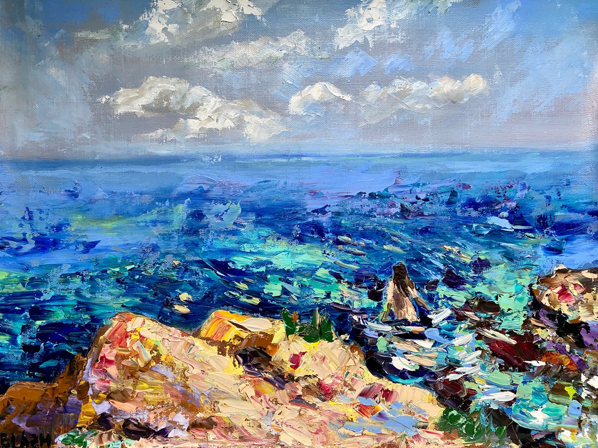 Secret Bathing - Crimea life, 47*37cm, impressionistic oil sea landscape painting by Olga Blazhko