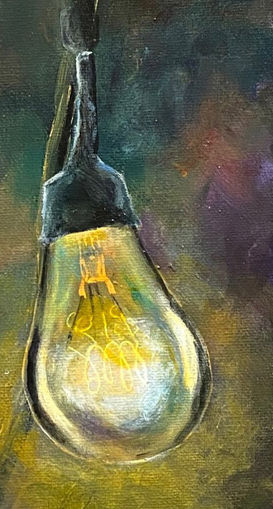 Realistic, astonishing  Light at the Fair Original Oil Painting with several glazes  on wrapped canvas 9x12 Vintage Light Bulb